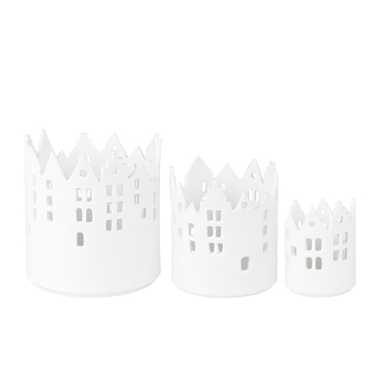 City Light Porcelain Cityscape Candle Holder 3 Piece Set – Modern Tealight Luminary for Urban Home Decor