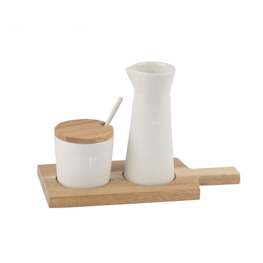 Little Friends Porcelain Cream and Sugar Service with Acacia Wood Tray and Embossed Heart Detail