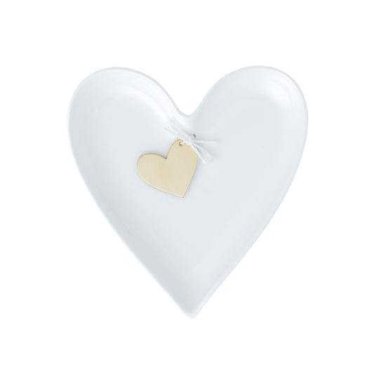 Love Heart Shaped White Porcelain Plate with Attached Gold Metal Charm - Food Safe and Decorative