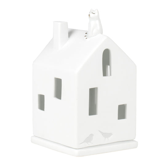 Nordic White Porcelain Village House Tealight Holder with Cat Accent - Handcrafted
