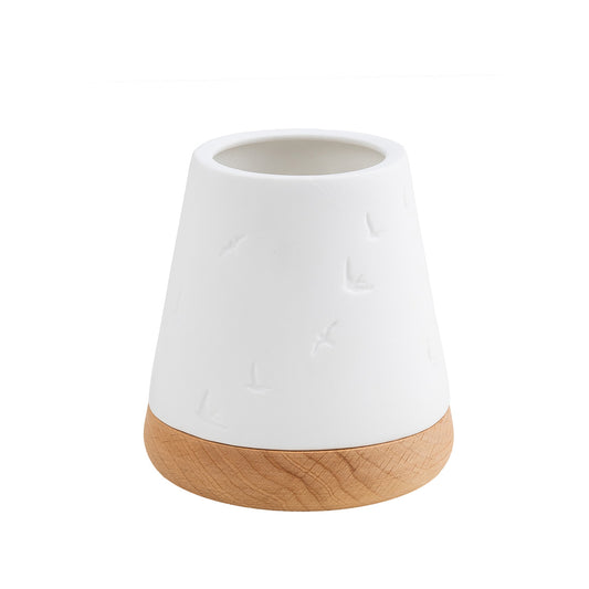 Poetry White Porcelain Embossed Candle Lantern with Acacia Wood Base - Scandinavian Design