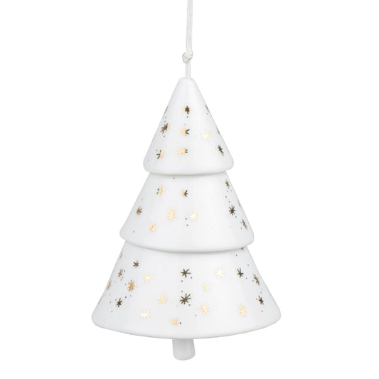 Porcelain Fir Tree Bell Ornament – White Christmas Tree Ornament with Gold Stars & Hanging Bell