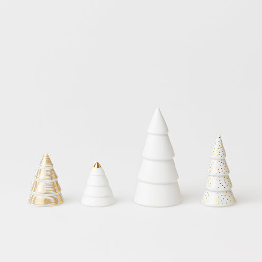 Porcelain Mini Christmas Tree Set – Elegant Holiday Decoration for Mantel, Holiday Village & Table Décor - White and Gold
