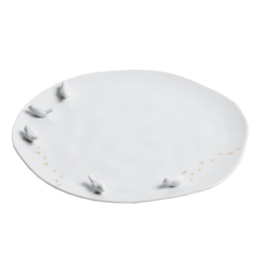 Porcelain Stories Decorative Plate with Handcrafted Gold Bird Detail - Food Safe
