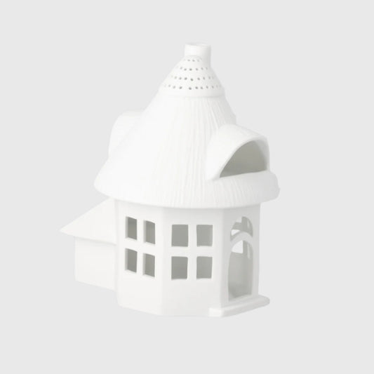 Porcelain Village House Tower Tealight Holder with Thatched Roof