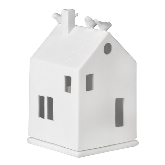 Nordic White Porcelain Village House Tealight Holder with Bird Accents - Handcrafted