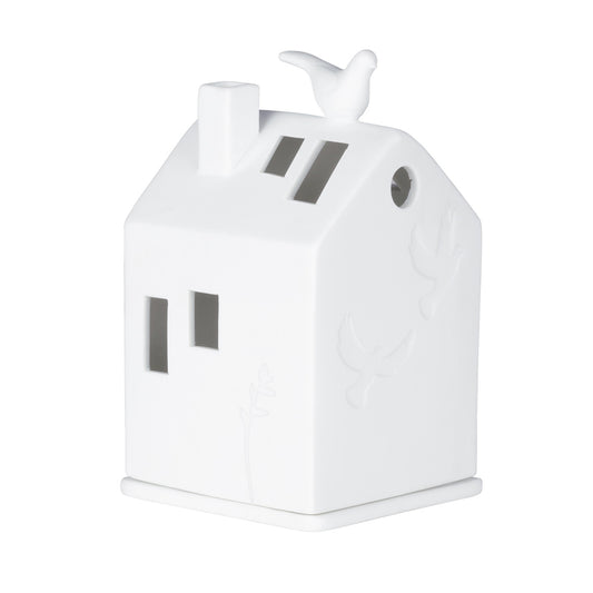 Nordic White Porcelain Village House Tealight Holder with Dove of Peace Accent - Handcrafted