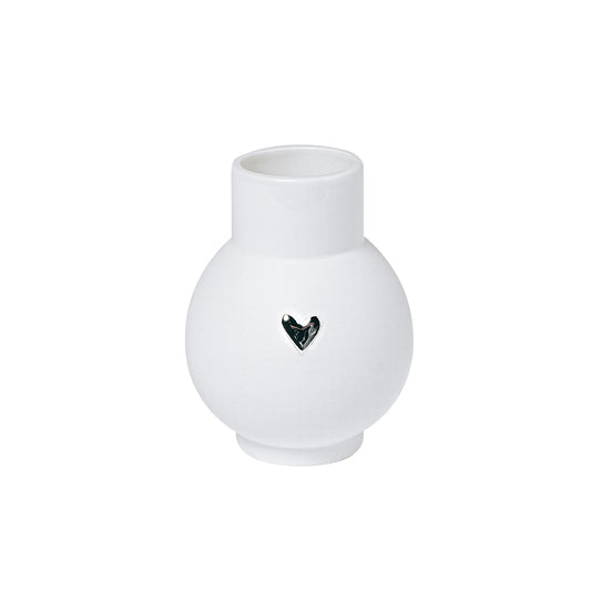 R17716 White Porcelain vase with a silver heart design on a white background