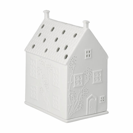 R18213 White porcelain house-shaped lantern on a white background