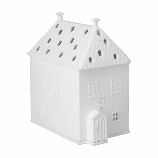 R18214 White porcelain house-shaped lantern on a white background