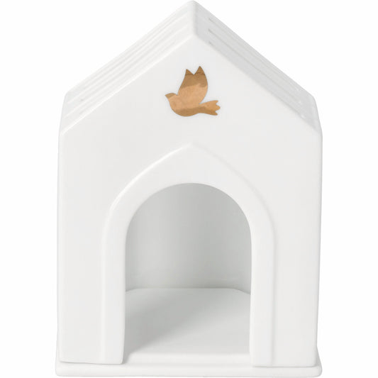 Porcelain Village House Chapel Tealight Holder with Gold Dove and Cross - Handcrafted