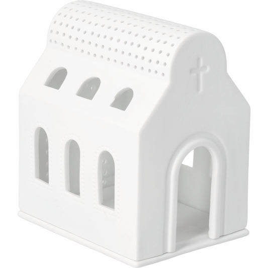R18470 White porcelain church-shaped candle holder on a white background