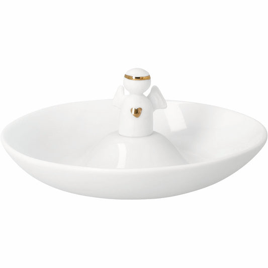 R18609 White porcelain ring holder with a small angel figurine on a white background
