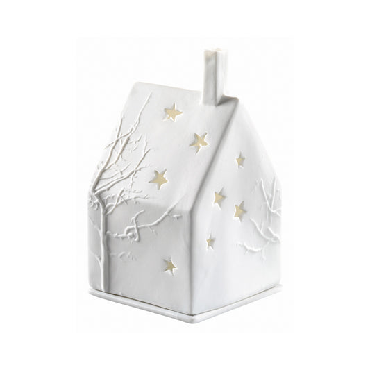 Mini Porcelain Village House Tealight Holder with Tree and Star Design - Minimalist