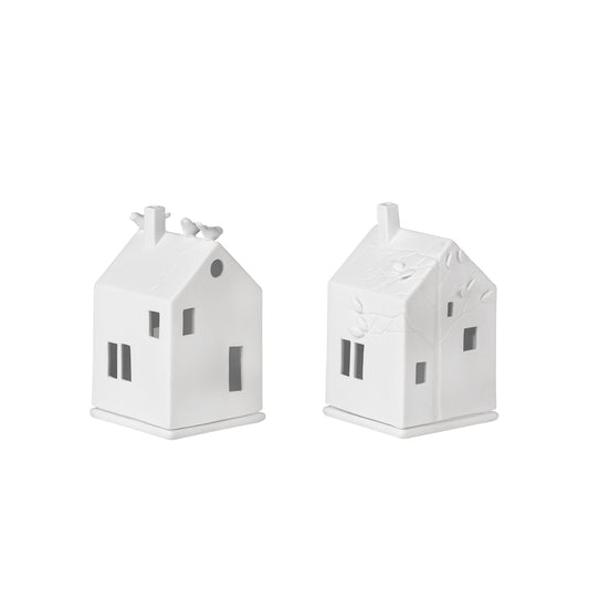Porcelain Village House Tealight Holder Set - House with Bird and with Tree Designs - 2 Pieces