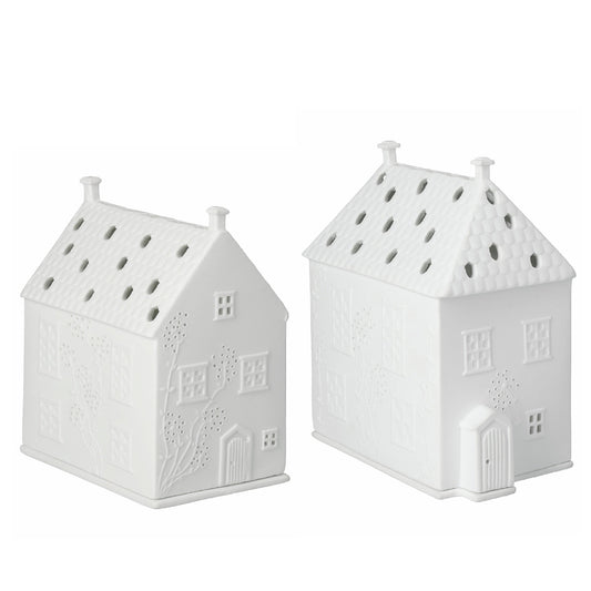 Scandinavian Christmas Village House Tealight Holder Set - White Porcelain - 2 Pieces