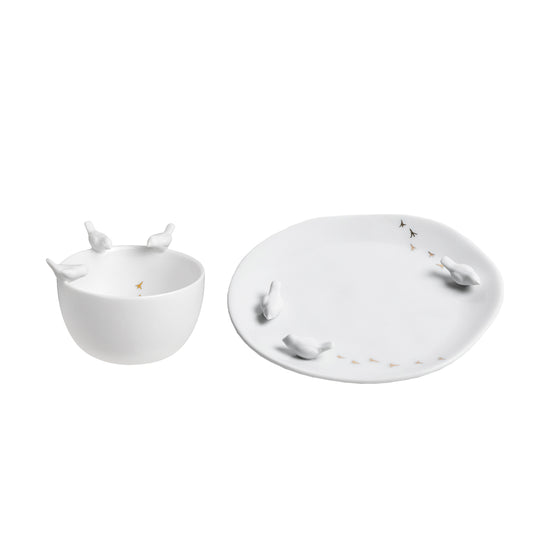 Rader Porcelain Stories Decorative Bird Bowl and Plate Set - Handcrafted Catchall Dishes with Gold Accents - Food Safe