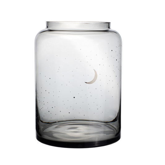 Smoked Glass Vase with Moon and Stars Decoration - Tall Storage or Flower Vase 10"