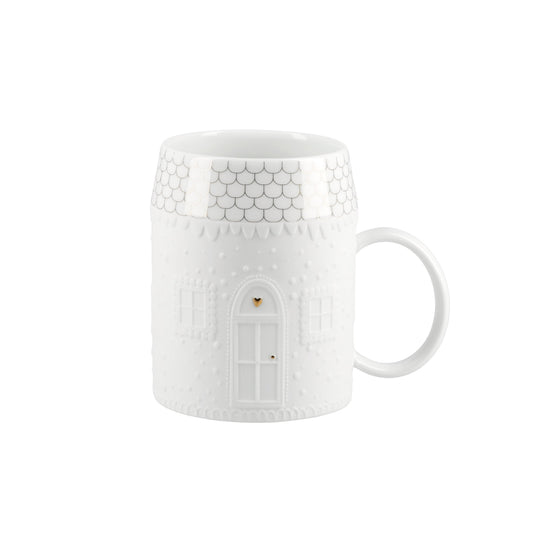 White Porcelain Cottage House Mug – Embossed Coffee Cup with Gold Accent Details and Whimsical Home Design