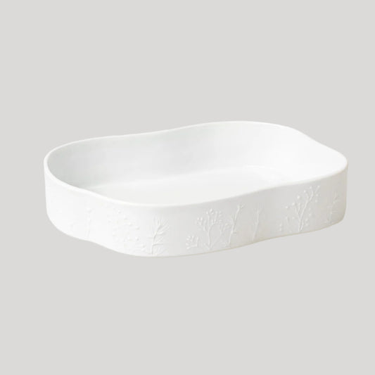 White Porcelain Decorative Serving Dish with Organic Shape and Winter Branch Motif for Tabletop Service or Décor