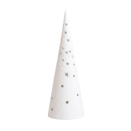 White Porcelain LED Christmas Tree With Star Cutouts – Elegant Holiday Accent Light for Mantel, Holiday Village & Table Decor