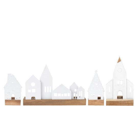 White Porcelain Village Tealight Holder Set with Wood Base 4 Pieces – Minimalist Christmas Décor - Handcrafted