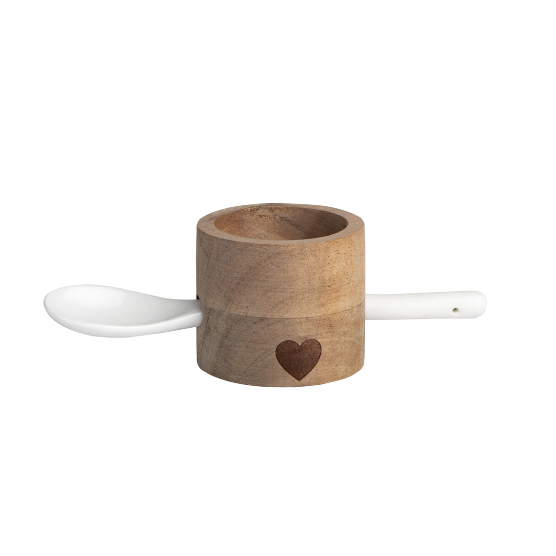 Acacia Wood Egg Cup with White Porcelain Spoon and Heart Graphic for Breakfast Service
