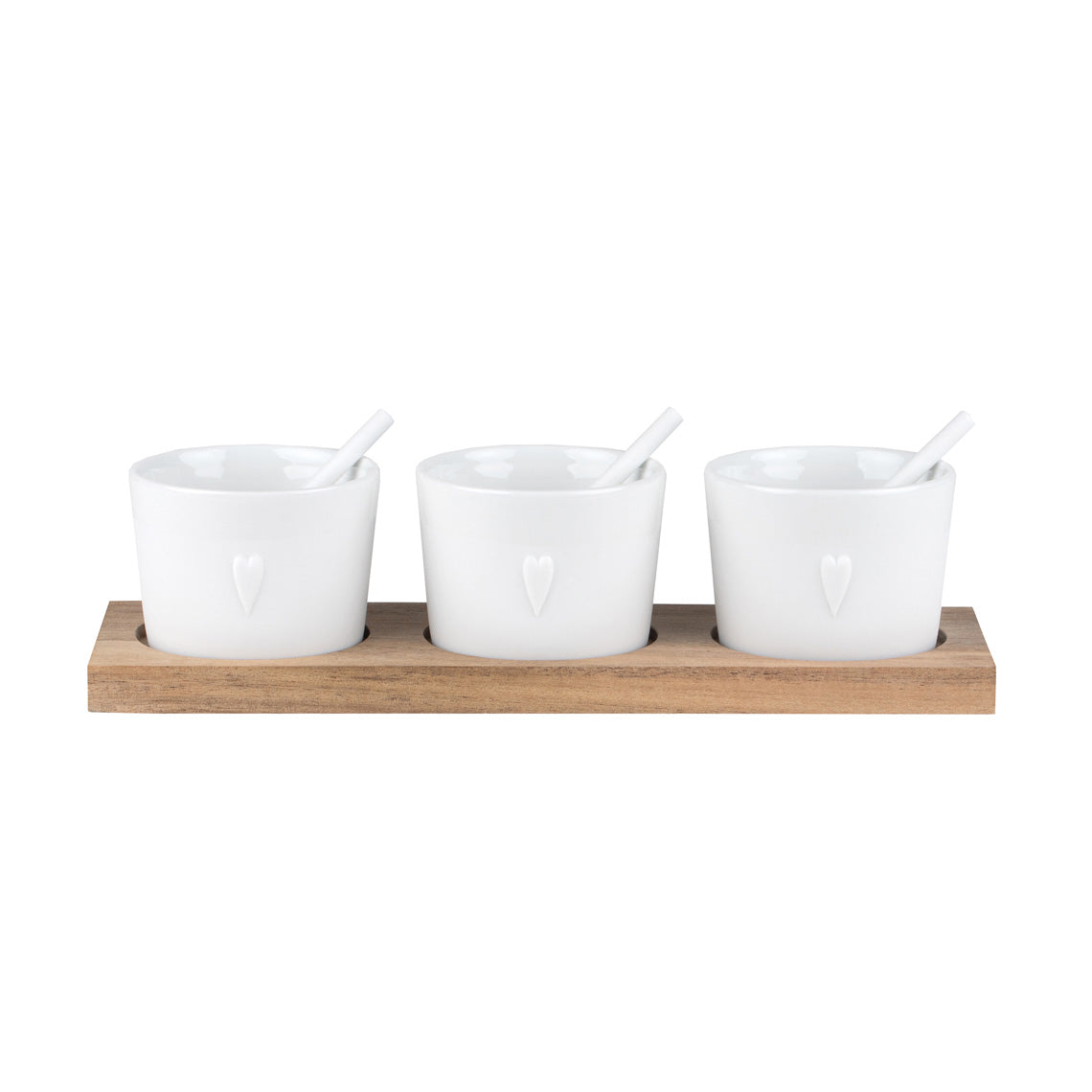 Bon Appetit Small Porcelain Serving Pots and Spoons with Acacia Wood Tray - Condiment Server 