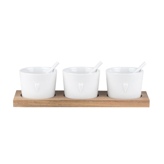 Bon Appetit Small Porcelain Serving Pots and Spoons with Acacia Wood Tray - Condiment Server 