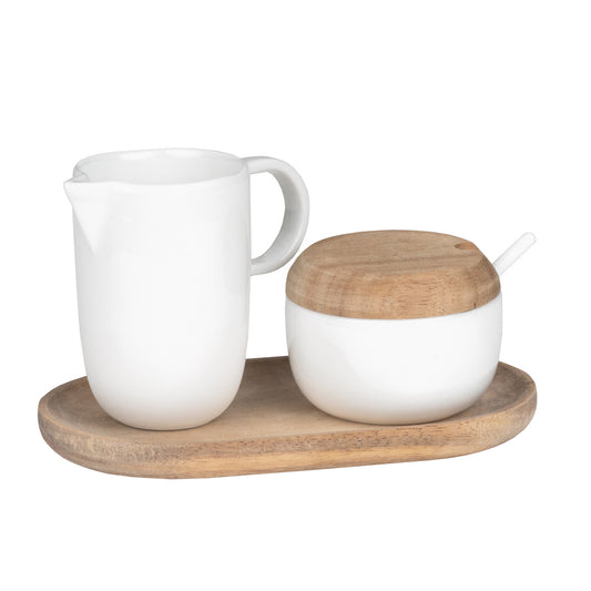 Bonjour Porcelain Cream and Sugar Service with Acacia Wood Tray for Kitchen or Dining Table
