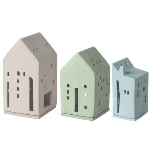 Ceramic Village House Tealight Holder Set of 3 in Organic Pastel Colors - Minimalist Nordic Design