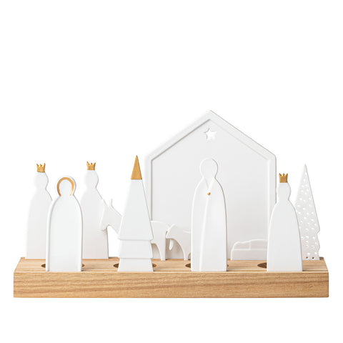 Christmas Nativity Scene Tealight Holder with Porcelain Figurines and Acacia Wood Base - Handcrafted De Noel Gold Accents