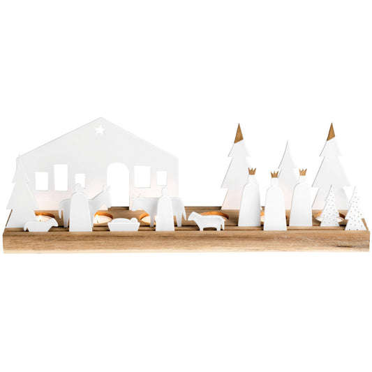 Christmas Nativity Scene  Tealight Holder with Porcelain Figurines and Acacia Wood Base - Handcrafted Full Nativity