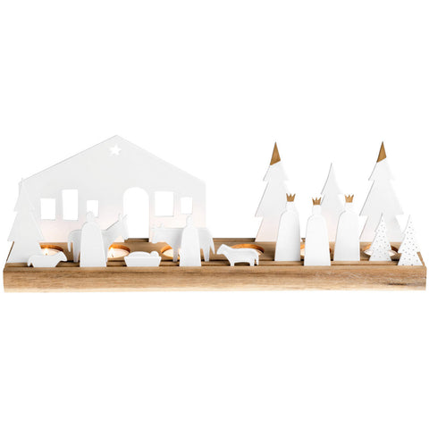 Christmas Nativity Scene  Tealight Holder with Porcelain Figurines and Acacia Wood Base - Handcrafted Full Nativity