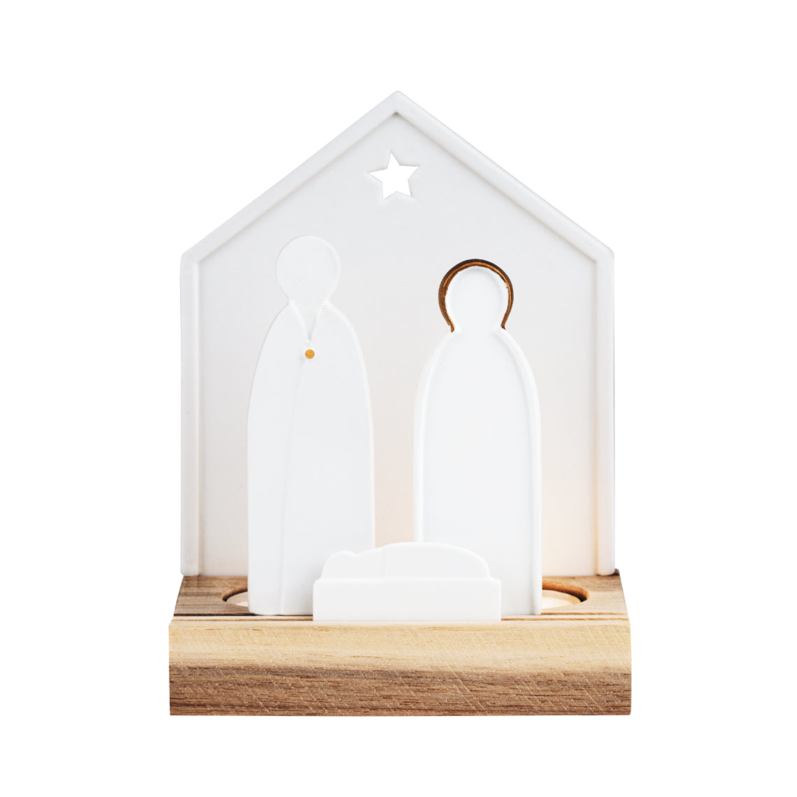 Christmas Nativity Scene  Tealight Holder with Porcelain Figurines and Acacia Wood Base - Handcrafted Gold Accents