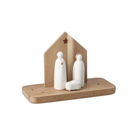 Christmas Nativity Scene with Porcelain Holy Family and Acacia Wood Stand