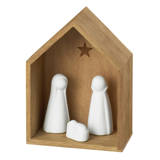 Christmas Nativity Set with Porcelain Figurines and Acacia Wood Manger - Small Gift Set