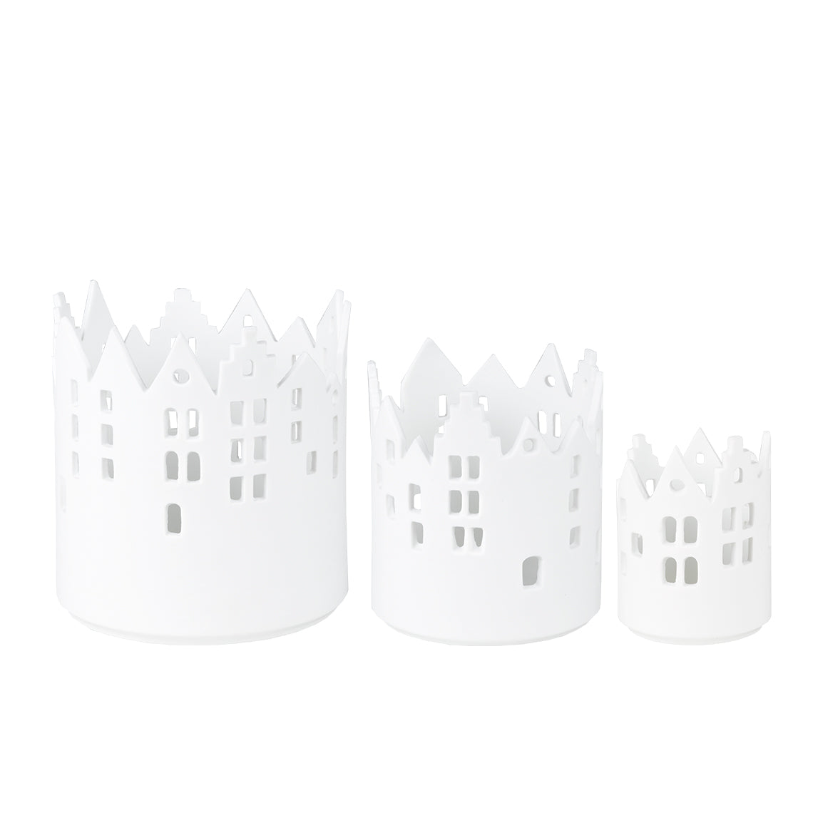 City Light Porcelain Cityscape Candle Holder 3 Piece Set – Modern Tealight Luminary for Urban Home Decor