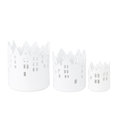 City Light Porcelain Cityscape Candle Holder 3 Piece Set – Modern Tealight Luminary for Urban Home Decor
