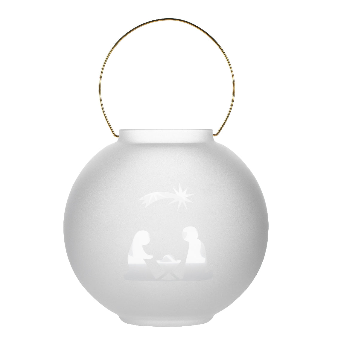 Frosted Glass Lantern with Brass Handle - White Decorative Candle Lantern with Christmas Nativity Design
