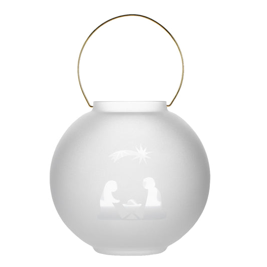 Frosted Glass Lantern with Brass Handle - White Decorative Candle Lantern with Christmas Nativity Design