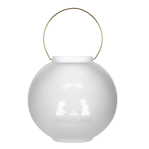 Frosted Glass Lantern with Brass Handle - White Decorative Candle Lantern with Christmas Nativity Design