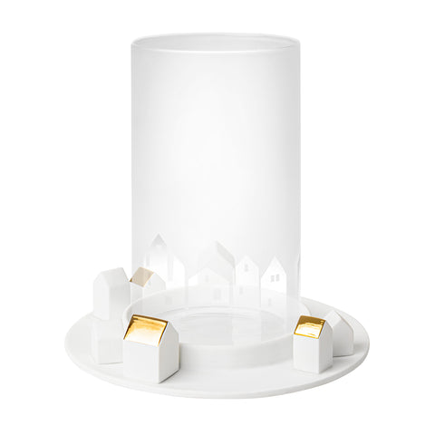 Glass Hurricane Candle Holder with Handcrafted Porcelain Vase featuring Holiday Village Christmas Décor