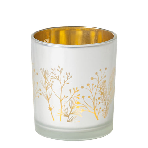 Glass Tealight Candle Holder with Pattern Light Effects - White and Metallic Gold with Winter Branches