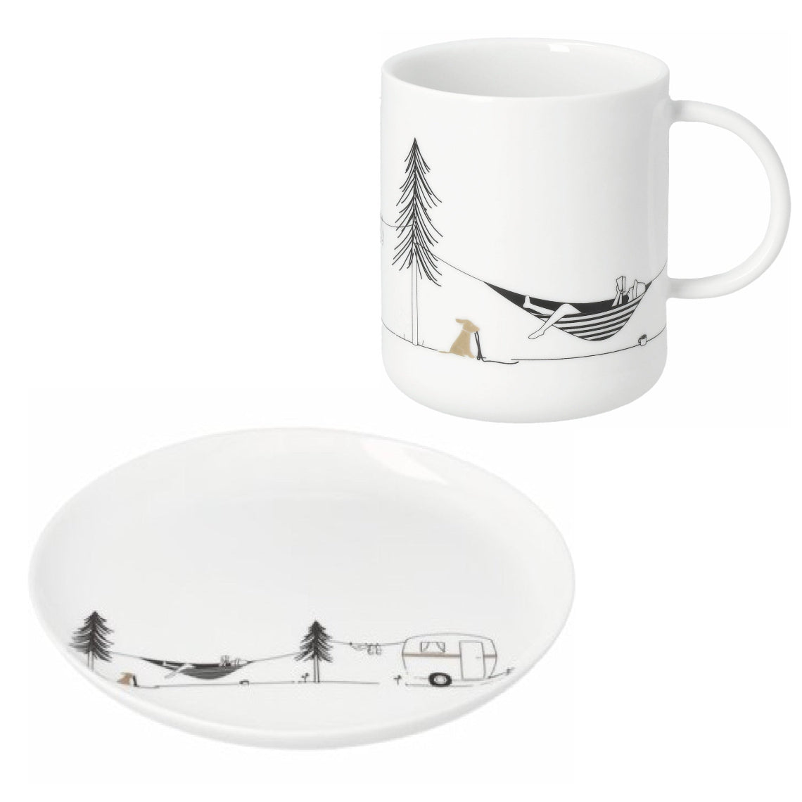 Hobby Porcelain Plate and Mug Set featuring Bicycling, Camping and Yoga - Decorative and Food Safe