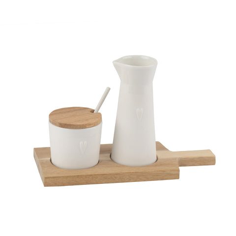 Little Friends Porcelain Cream and Sugar Service with Acacia Wood Tray and Embossed Heart Detail