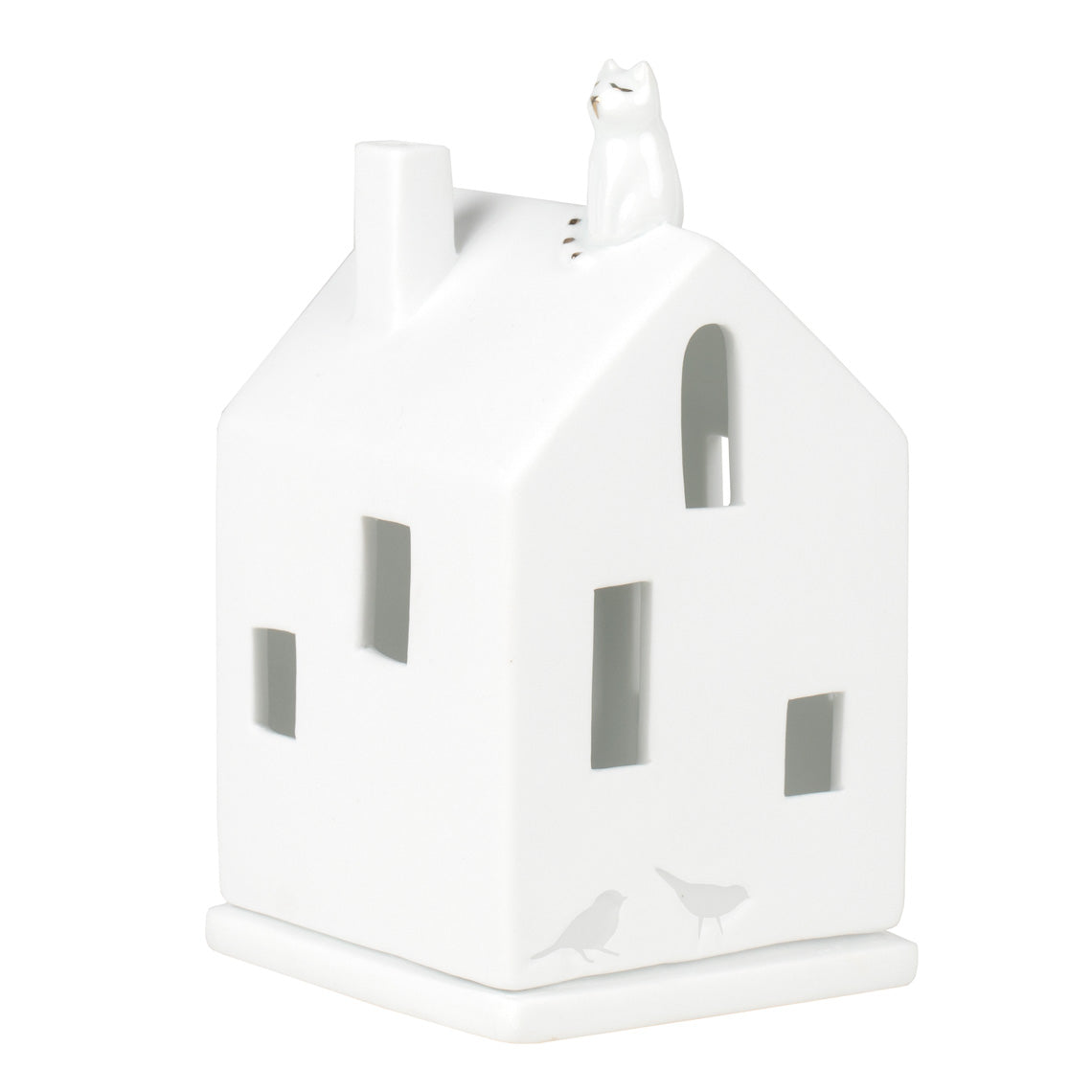 Nordic White Porcelain Village House Tealight Holder with Cat Accent - Handcrafted