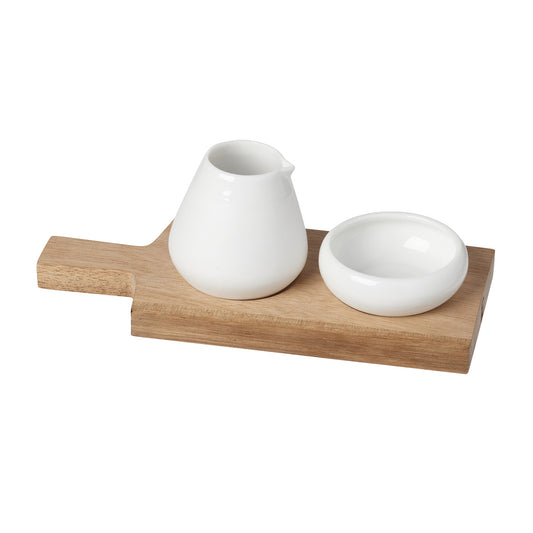 Oil and Salt Pot Set for Kitchen or Dining Table of Porcelain and Acacia Wood