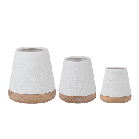 Poetry White Porcelain Embossed Candle Lantern 3 Piece Set with Beechwood Base - Scandinavian Design