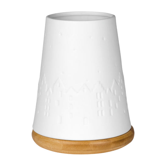 Poetry White Porcelain Embossed Candle Lantern with Bamboo Wood Base and Winter Design